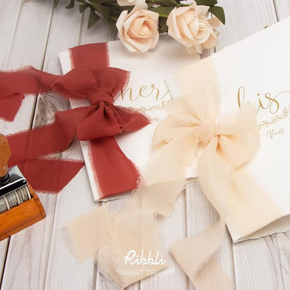 Ribbli Rust Red Chiffon Ribbon 1-1/2 inch x 20 Yard Handmade Fringe Chiffon Silk Ribbon for Wedding Invitations, Bridal Bouquets Wrapping, Flower Arrangement Decoration