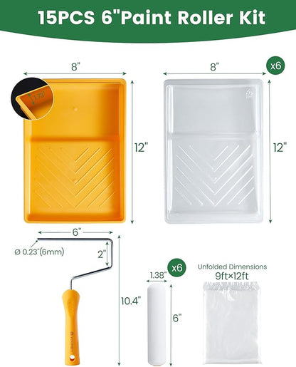 voomey 15 Pcs 6 Inch Paint Roller Kit with Small Paint Roller, Paint Tray with Liners, Foam Paint Roller for Painting Door, Walls, Cabinet