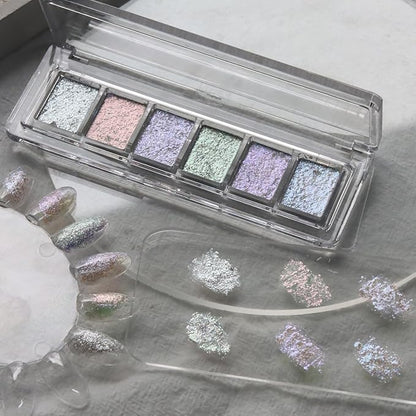 Iridescent Nail Glitter Set, 6 Colors Mud Texture Aurora Chrome Powder, Pink Blue Pearlescent Glitter, Chameleon Nail Flakes Gold Leaf, Holographic Manicure Decor