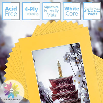 Mat Board Center, Pack of 10, 11x14 for 8x10 Deep Yellow Color Mats - Bevel Cut, Acid Free, 4-ply Thickness, White Core - for Pictures, Photos, Framing