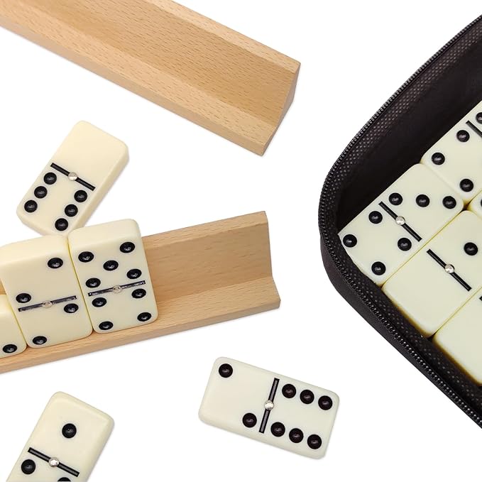 Dominos Set for Adults with 4 Wooden Racks, Double 6 Dominoes Game Set with 28 Colored Domino Tiles Double Six Dominos Set with Travel Case - Classic Board Games