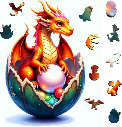 Wooden Jigsaw Puzzles for Adults and Kids, Dragon Hatchling 200 Piece Unique Shaped Puzzle, Family Game and Creative Wooden Puzzle Gift, Wall Art Decor