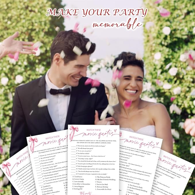 Bridal Shower Games Cards, Match These Movie Quotes, 25 Cards with 1 Answer Card, Engagement Party Games for Guests, Pink Ribbon Bow Wedding Party Supplies - E09