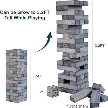 ApudArmis 54 PCS Tumble Timber Set Up to 3.2FT, Pine Wooden Tumble Tower Game with Dice and Scoreboard Set - Classic Block Stacking Board Game for Adults Teenagers (Gray)