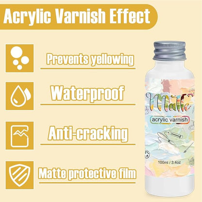 Matte Varnish for Acrylic Painting，100ml Acrylic Paint Varnish，Clear Varnish Keeps Paintings from Yellowing, Cracking, Maintains Permanent Color（Matte）
