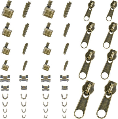 48-Piece Metal Zipper Repair Accessories Set - DIY Sewing Kit with Slider, Retainer, Box Insert, Pin, Top & Bottom Stoppers (Bronze)