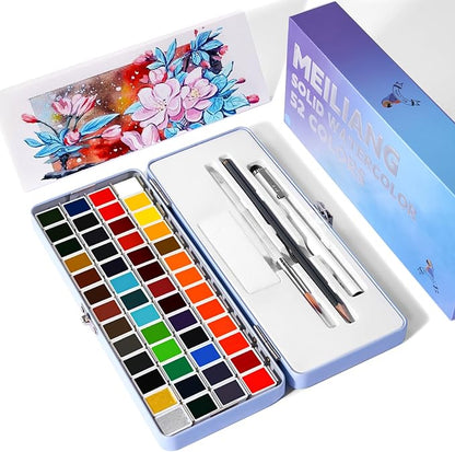 MeiLiang Watercolor Paint Set 52 Colors in Half Pans with Drawing Pencil, Paint Brushes, 5 Watercolor Paper, Sponge, Black Drawing Pens, Art Supplies for Adults Travel Watercolor & Blue Box