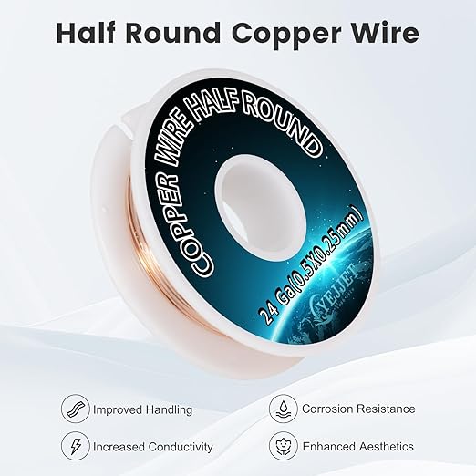 Ultra-Fine 24 Gauge Copper Wire Half Round 0.5x0.25mm - 1.3 oz (112 Feet) Precision Wire for Clockmaking & Electronics