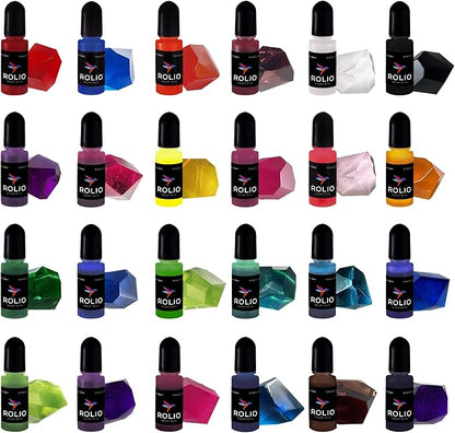 Rolio Pigments Resin Liquid Pigment Translucent Colors - 24 Vibrant Colors for Epoxy Resin, Jewelry Making, Acrylic Paint, Art, DIY Crafts Production, Garment Accessories - 0.33 oz/10 ml Each