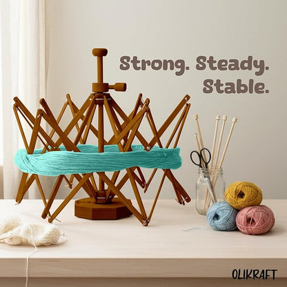 Olikraft Wooden Yarn Swift - Lightweight Reverse Yarn Umbrella Swifts, Ball Swift, Skein Winder (Brown) (Patented)