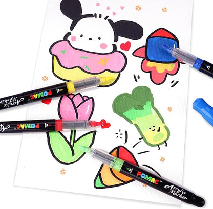 POMAC 48 Colors Acrylic Paint Markers, Water-Based Acrylic Pens Brush Tip, Art Drawing Liquid Paint Pens for Fabric, Canvas, Rock, Glass, Wood, Paper, DIY Crafts and Art Supplies