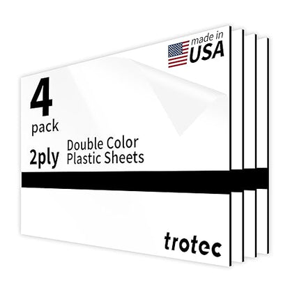 Trotec TroLase | 12"x20"x1/16", 4 Pcs | Gloss White/Black | 2 Ply | Modified Acrylic | Laser Engraving Double Color Plastic Sheet | Engraving Blanks for Laser, Saw, Guillotine | Made in USA