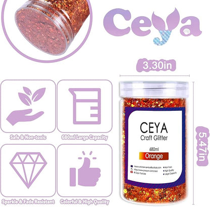 Ceya Holographic Chunky Glitter, 1 LB/ 16OZ Laser Orange Bulk Craft Glitter Mixed Chunky Fine Glitter Bottled Metallic Flake Nail Sequins for Resin, Tumblers, Scrapbooking, Festival Decor, Art Project