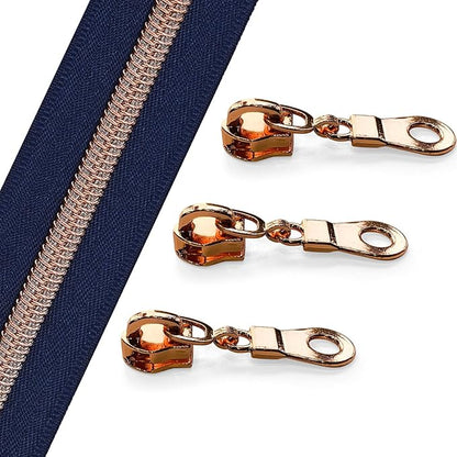 The Yards 10 Yards Bulk Navy Blue Nylon Coil Zipper with Rose Gold Teeth - Replacement Sewing Zipper with 10PCS Sliders for DIY Craft Bags