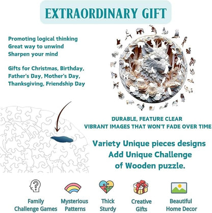 Wooden Puzzles Adults, 3D Wolf Puzzles 300 Pieces, Unique Animal Shaped Wood Challenging Jigsaw Christmas Puzzles Gifts for Adults, 13.4x13.4in