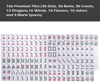 American Mahjong Game Set, 166 Quality White Tiles, 4 All-in-One Color Rack/Pushers, Mahjong Tile Set with Blue Printed Carrying Bag