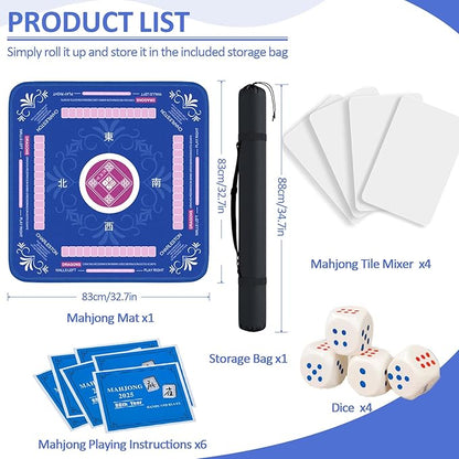 Mahjong Mat with Rules for Table with 6 Mahjong Playing Instructions,4 Mahjong Tile Mixer,4 Dice & Carrying Bag,Non-Slip and Silent Travel Mahjong Set for Mahjong/Poker/Board Games/Card Games/Dominoes