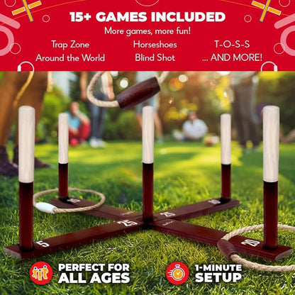 SWOOC Games - Rustic Ring Toss Game (All Weather) - Easy Setup & Extra Games Included - Ring Toss Game for Adults - Outdoor Acitivities for Adults - Yard Toys for Kids - Backyard Fun - Outdoor Party