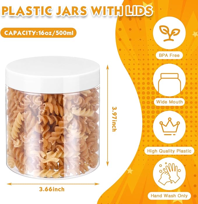 SATINIOR 12 Pack 16 oz Plastic Container Jars with Lids Round Clear Travel Cosmetic Container Slime Jars for Toiletries, Lotion, Cream, Ointments, Makeup, Rhinestone, Samples, Kitchen Storage(White)