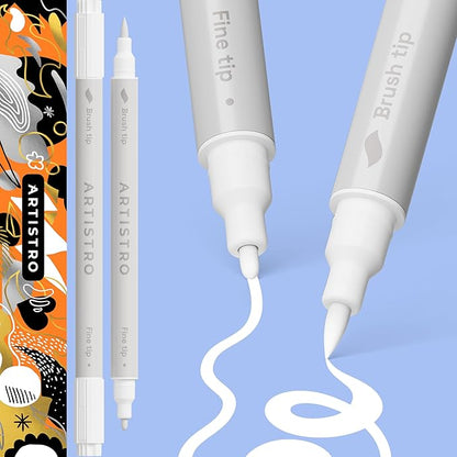 ARTISTRO 2 White Dual-Tip Acrylic Paint Pens - Multisurface Markers for Glass, Rock, Fabric, Wood, Plastic & More - 1 mm Fine & Brush Tips