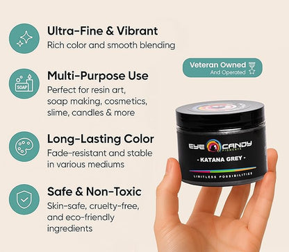 Eye Candy Pigments Premium Grey Mica Powder - Katana Grey (50gr) - for Epoxy, Resin, Soap, Paint, Woodworking, Acrylic Pouring, Bath Bombs, Fishing Lures - DIY Arts and Crafts Additive