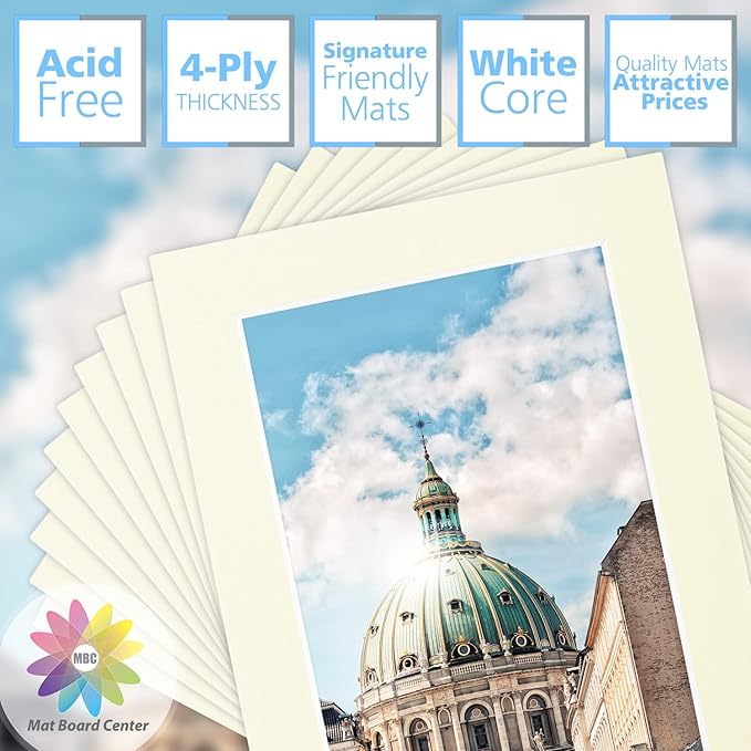 Mat Board Center, Pack of 10, 5x7 for 4x6 Ivory Color Mats - Bevel Cut, Acid Free, 4-ply Thickness, White Core - for Pictures, Photos, Framing