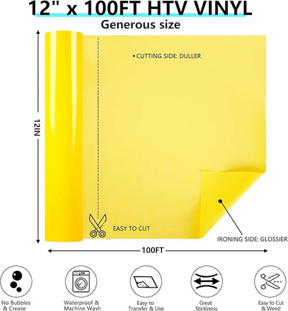 Guangyintong Yellow HTV Heat Transfer Vinyl Rolls, 12" X 100ft Iron on Vinyl PVC Adhesive for T-Shirt, Easy to Cut & Weed for DIY Design
