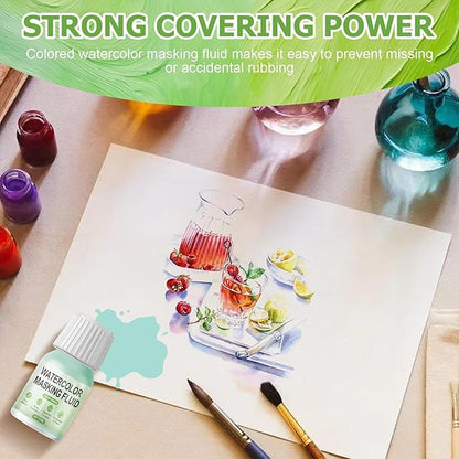 WANJAO Masking Fluid for Watercolor Painting, Liquid Masking Tape with Silicone Pens Cleaning Brush for Painting Fast Drying Easy Peel Use to Art Watercolor Supplies Retouching Covering, 30ml Green