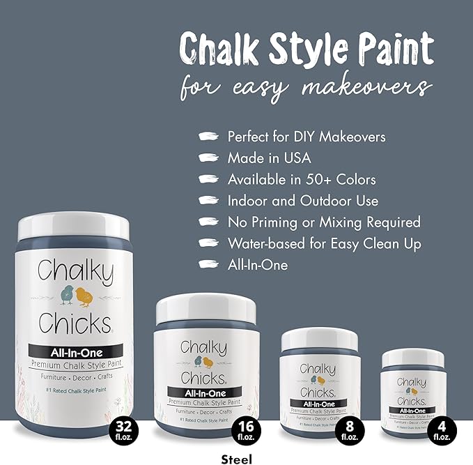 Chalky Chicks All-in-One Chalk Paint for Furniture or Cabinet - 4 Fl Oz - Matte Finish Blue Steel (Blue Gray) for Metal, Wood Furniture Paint - No Sanding All-in-One for Home Decor & Crafts, USA Made