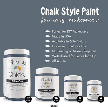 Chalky Chicks All-in-One Chalk Paint for Furniture or Cabinet - 4 Fl Oz - Matte Finish Blue Steel (Blue Gray) for Metal, Wood Furniture Paint - No Sanding All-in-One for Home Decor & Crafts, USA Made