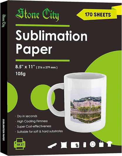 Stone City Sublimation Paper 170 Sheets 105g for Heat Transfer Light Fabric, T Shirt, Mug, Tumbler, Compatible with Inkjet Printer with Sublimation Ink
