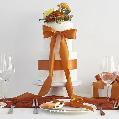 HUIHUANG Burnt Orange Ribbon 2 inch Wide Double-Faced Orange Satin Silk Ribbon for Flower Bouquet Wrap, Gift Wrapping, Fall Wedding Decor, Crafts and Bows Making- 25 Yards/Roll