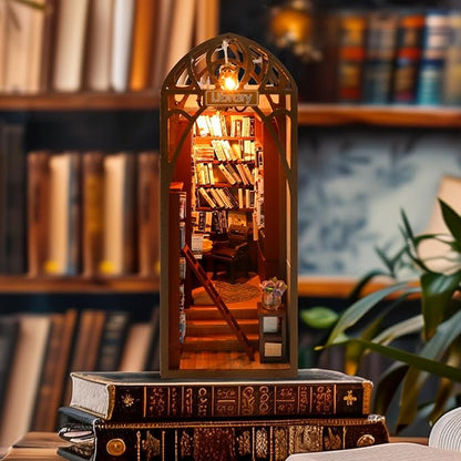 DIY Book Nook Miniature Kit, 3D Wooden Puzzles Bookend, Bookshelf Insert Decor, Assemb Build for Adults, Unique Gift for Birthday Father's Day, Library