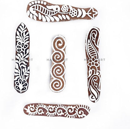 Hashcart | Set of 5 | Finger Shapes Wooden Printing Stamps for Saree Border Heena Clay Kids Art Project, Tattoo Handcarved Indian Textile Printing Blocks