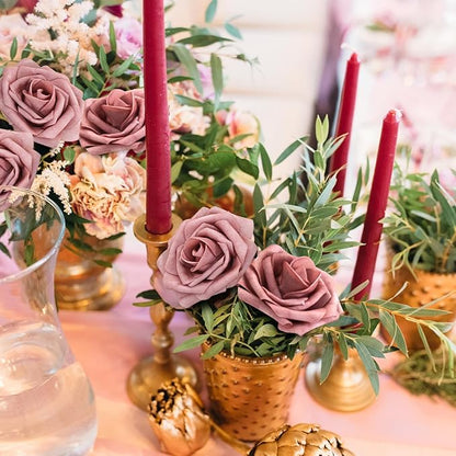 Artificial Flowers Foam Fake Roses 25pcs Dusty Rose Faux Roses with Stems for Home Decor DIY Wedding Bouquets Party Bridal Shower Centerpieces Faux Flower Arrangements Tables Decorations
