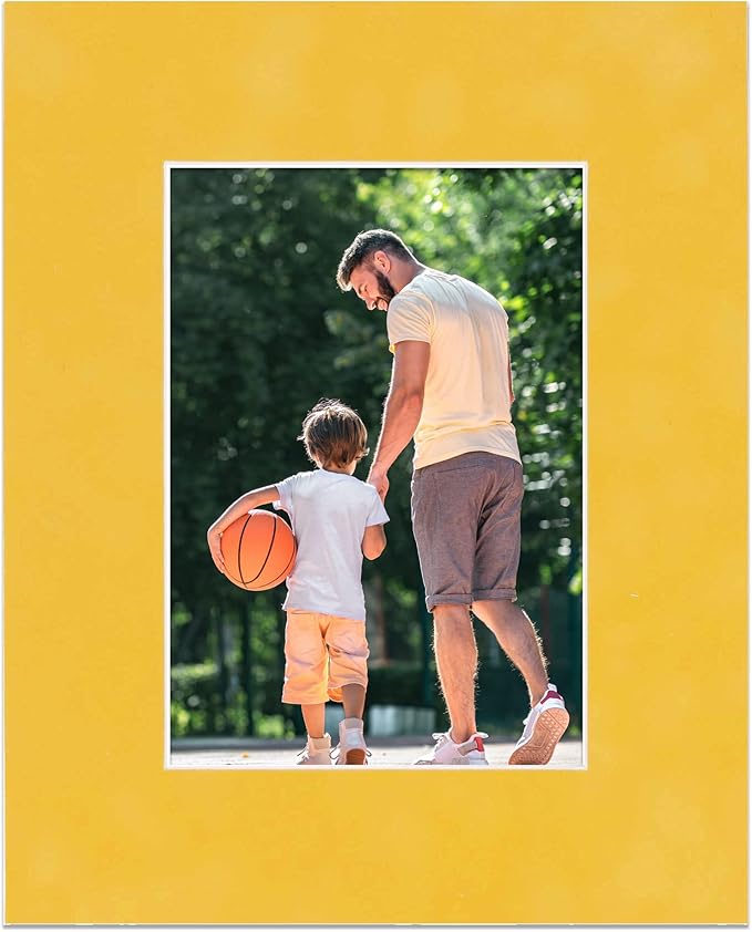 Pack of Ten Acid Free 8x10 Mats Bevel Cut for 5.5x8.5 Photos - Sunrise Yellow Suede Precut Matboards With Backing Boards and Self Seal Photo Mat Bags For Pictures, Photos, Framing - 4-ply Thickness