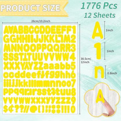 Alphabet Stickers, 1'' Yellow Letter Stickers - 12 Sheets, Self-Adhesive Vinyl for Mailbox Numbers, Bulletin Boards, Classroom & Home Decor
