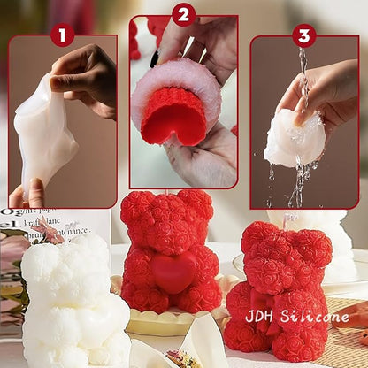 2PCS Rose Bear Silicone Mold,3D Teddy Bear Candle Making Molds,Silicone Epoxy Resin Mould,Ornament for DIY Wax Candle Art Craft Cake Chocolate Home Decor Valentine Gifts Birthday Gift（MINI）