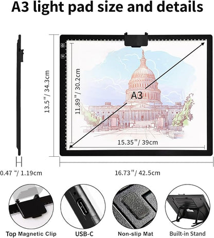 Rechargeable A3 Light Pad for Diamond Painting,Tracing Light Box with Stand and Clip,3 Colors Stepless Dimmable and 6 Levels of Brightness Light Board for Artists,Drawing,Sketching,Animation