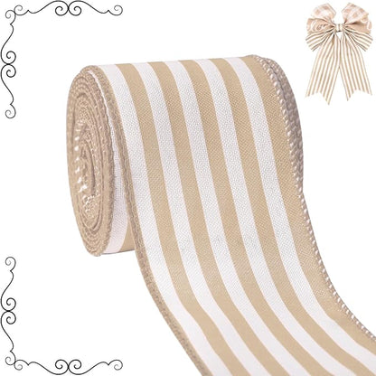 Burlap Ribbon Wired, Farmhouse Rustic White Stripe Ribbon for Gifts Wrapping DIY Crafts Floral Bows Wreath Making Party Supplies Holiday Home Decoration, 2.5 Inch x 10 Yards