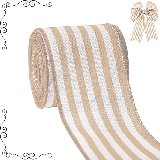 Burlap Ribbon Wired, Farmhouse Rustic White Stripe Ribbon for Gifts Wrapping DIY Crafts Floral Bows Wreath Making Party Supplies Holiday Home Decoration, 2.5 Inch x 10 Yards