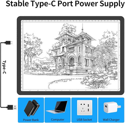 TOHETO A4 Light Board with Bag for Diamond Painting, Super Bright Magnetic Light Pad with Side Buttons, Lightbox for Tracing and Drawing, Corded Light Table for Sketching, Weeding Vinyl (Black)