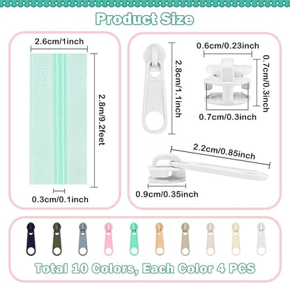 DOITEM 31 Yards 10 Pcs Sewing Zippers #3 Nylon Coil Zippers Assorted Zipper for Sewing with 40 Zipper Sliders for DIY Tailor Sewing Crafts Supplies, 10 Colors