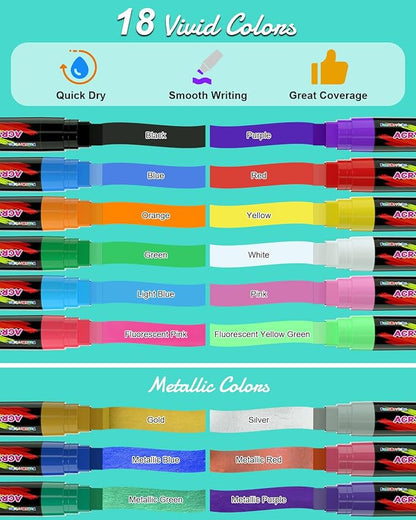 FansArriche Acrylic Paint Markers, 15mm Jumbo Felt Tip, 18 Colored Waterproof and Permanent Paint Pens for Tagging, Signs, Calligraphy, and Outdoor Paintings