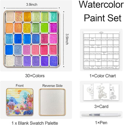 Mini Shifting Watercolor Paint Set, 30 Color Glitter Watercolor Painting Kit, Metallic Watercolor Paints, Solid Water Colors Paint Adult Set, Detail Paint Brush Included, for Artists