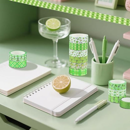 12 Rolls Greenery Washi Tape, Martini Bow Lemon Masking Tape, Checkered Martini Glass Decorative Sticker for Summer Party Afternoon Tea Scrapbook Journal DIY Craft Gift Wraps 16.4FT