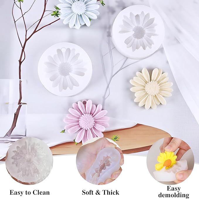 4 Pcs Daisy Flower Candle Molds, Silicone Molds for Candles Making, 3D Flower Shape Decorating Mold for Fondant Soap Chocolate Cake, DIY Wax Epoxy Resin Moulds for Clay Craft