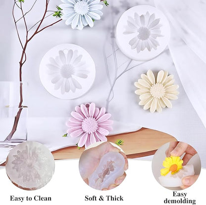 4 Pcs Daisy Flower Candle Molds, Silicone Molds for Candles Making, 3D Flower Shape Decorating Mold for Fondant Soap Chocolate Cake, DIY Wax Epoxy Resin Moulds for Clay Craft