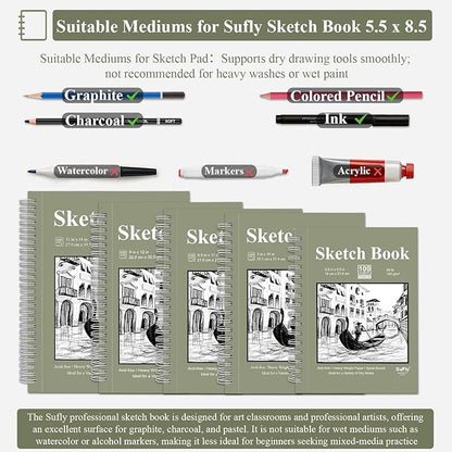 Sketch Book 5.5 X 8.5 inch, Artist Sketch Pad (Pack of 3), 300 Sheets (68lb/100gsm) Spiral Bound Sketchbook, 100 Sheets Each, Acid Free Drawing Paper, Suitable for Adults & Teens