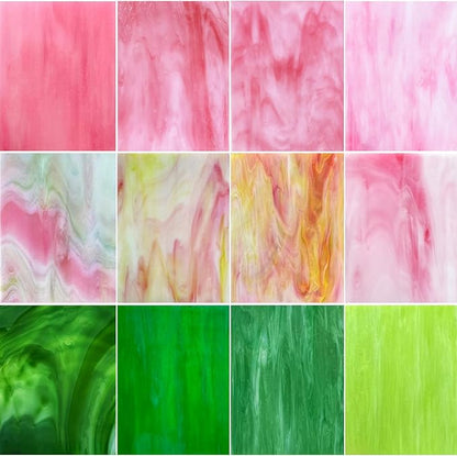 ILLUCKAI 12 Sheets Stained Glass Sheet Pink and Green Collection, 6 x 4 inch Stained Glass Mosaic Tiles for Stained Glass Projects Mosaic Crafts